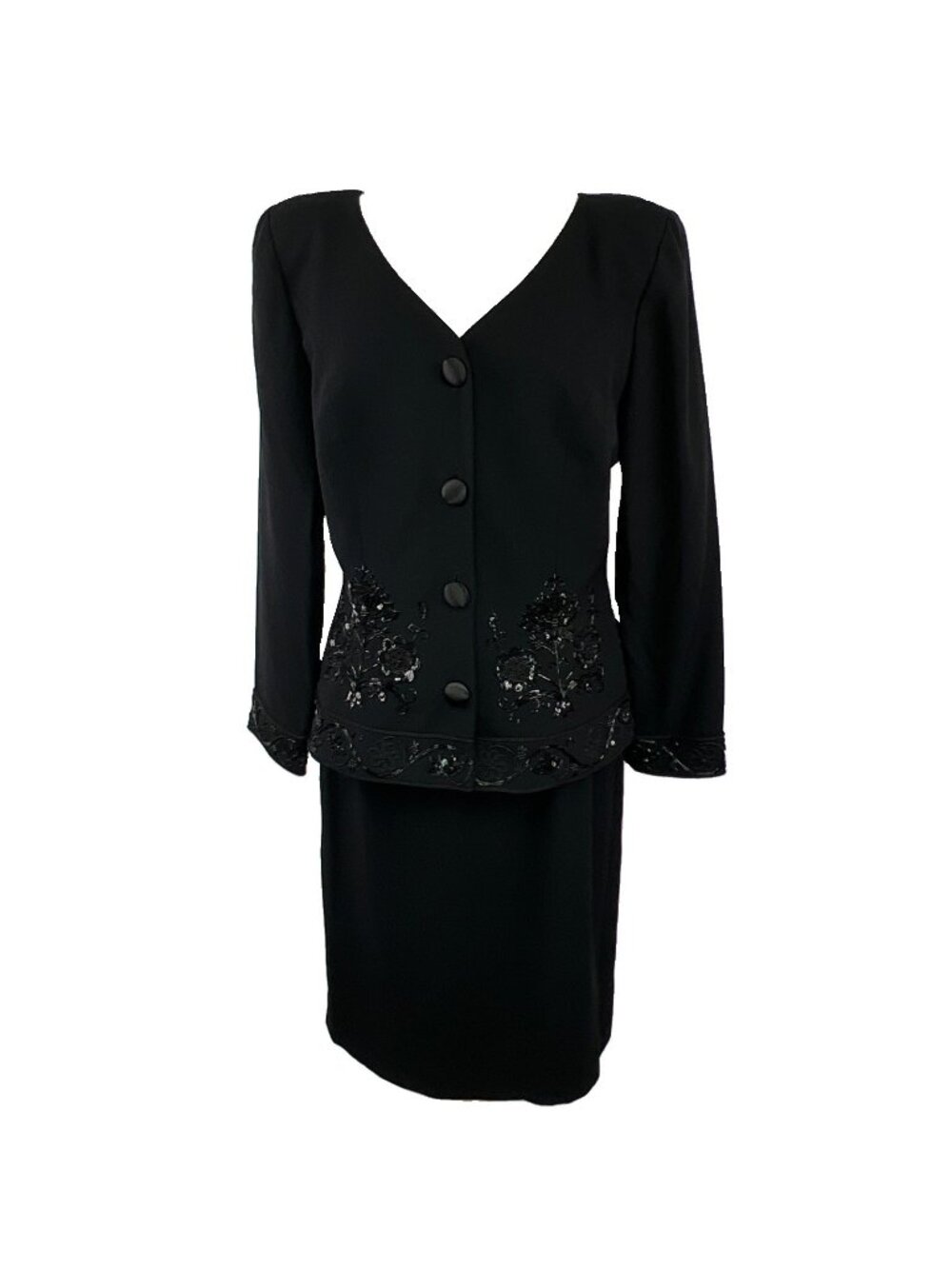 Vtg Rimini Sz 14 Black Womens Cocktail Suit Beaded Satin Buttons Saks Fifth Ave
